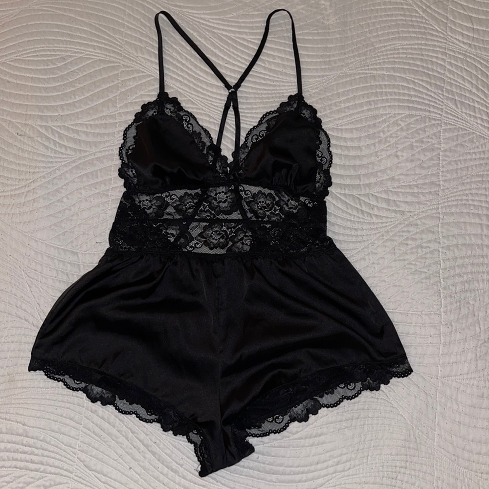Black Satin Lace Romper